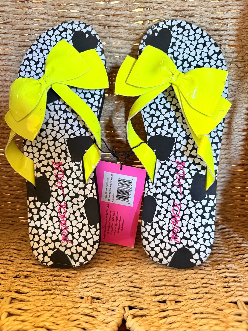 Betsey Johnson Neon Yellow Bow Heart-Print Flip Flop Sandals